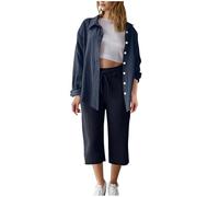 Set in mussola da donna, 2 pezzi, in imitazione di cotone e lino, per l'estate, l'autunno, elegante, a maniche lunghe e pantaloni caprini, per il tempo libero, la spiaggia, le vacanze, il loungewear