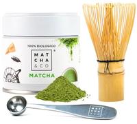 Set iniziale di tè matcha con Matcha Originale, cucchiaino dosatore e frustino di bambù.