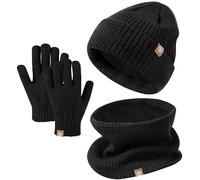 Set Invernale Bambini 3 Pezzi: Cappello di Maglia, Sciarpa e Guanti Touchscreen - Berretto con Fodera in Pile Caldo per Ragazze e Ragazzi 5-12 Anni (Nero)