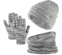 Set Invernale Bambini 3 Pezzi: Cappello di Maglia, Sciarpa e Guanti Touchscreen - Berretto con Fodera in Pile Caldo per Ragazze e Ragazzi 5-12 Anni (Grigio Mix)