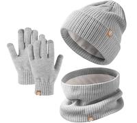 Set Invernale Bambini 3 Pezzi: Cappello di Maglia, Sciarpa e Guanti Touchscreen - Berretto con Fodera in Pile Caldo per Ragazze e Ragazzi 5-12 Anni (Grigio)