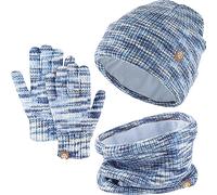 Set Invernale Bambini 3 Pezzi: Cappello di Maglia, Sciarpa e Guanti Touchscreen - Berretto con Fodera in Pile Caldo per Ragazze e Ragazzi 5-12 Anni (Blu Mix)