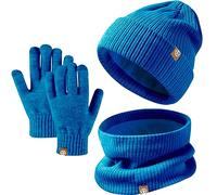Set Invernale Bambini 3 Pezzi: Cappello di Maglia, Sciarpa e Guanti Touchscreen - Berretto con Fodera in Pile Caldo per Ragazze e Ragazzi 5-12 Anni (Blu)