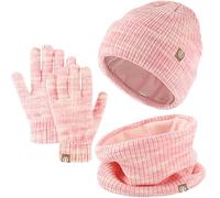 Set Invernale Bambini 3 Pezzi: Cappello di Maglia, Sciarpa e Guanti Touchscreen - Berretto con Fodera in Pile Caldo per Ragazze e Ragazzi 5-12 Anni (Rosa Mix)