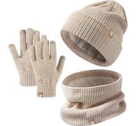 Set Invernale Bambini 3 Pezzi: Cappello di Maglia, Sciarpa e Guanti Touchscreen - Berretto con Fodera in Pile Caldo per Ragazze e Ragazzi 5-12 Anni (Cachi)