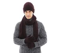 Set invernale da 3 pezzi da uomo, berretto caldo, sciarpa, guanti touch screen, Rosso vinaccia, Taglia Unica
