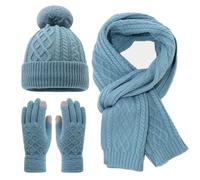 Set invernale da donna, con cappello e sciarpa, guanti, foderato in pile, con pompon e guanti caldi per touchscreen, 3 pezzi, accessori invernali per attività all'aperto, sci, escursionismo, uso