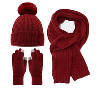 Set invernale da donna, con cappello e sciarpa, guanti, foderato in pile, con pompon e guanti caldi per touchscreen, 3 pezzi, accessori invernali per attività all'aperto, sci, escursionismo, uso