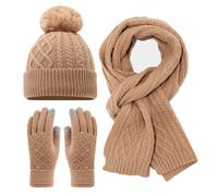 Set invernale da donna, con cappello e sciarpa, guanti, foderato in pile, con pompon e guanti caldi per touchscreen, 3 pezzi, accessori invernali per attività all'aperto, sci, escursionismo, uso