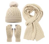 Set invernale da donna, con cappello e sciarpa, guanti, foderato in pile, con pompon e guanti caldi per touchscreen, 3 pezzi, accessori invernali per attività all'aperto, sci, escursionismo, uso
