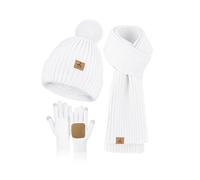 Set invernale da donna, con cappello e sciarpa, guanti, in pile lavorato a maglia, morbido e caldo, sciarpa a collo lungo, guanti touchscreen, regalo invernale, bianco, 12.2*8.27 inch