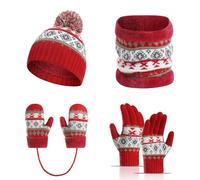 Set invernale per bambini, con cappello e sciarpa e guanti, foderato in pile con pompon e scaldacollo, accessori caldi per bambini, ragazzi e ragazze, attività all'aperto di Natale, Rosso, Taglia