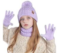 Set invernale per bambini, con cappello, sciarpa e guanti, caldo berretto termico lavorato a maglia, scaldacollo e guanto touchscreen, con morbida fodera in pile, per ragazze e ragazzi, età 4-10 anni