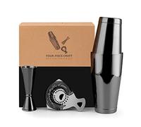 Set Jettory Boston Shaker - Kit per cocktail da 4 pezzi con Boston Shaker in acciaio inox da 18/28 oz, colino da bar e misurino, in una elegante scatola regalo - Ideale per l'uso in casa (Nero).