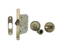 Set kit chiusura chiavistello per porta scorrevole, con rosette rotonde con chiusura e sblocco serratura intarsiata con gancio diametro di rosette incassate 56 mm (BRONCE)
