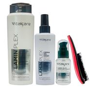 SET LAMINPLEX, Riparatore Laminante, Per Capelli Opachi e Danneggiati: Shampoo 400ml + Crema Gel 125ml + Siero Olio 50ml + Spazzola Per Capelli (Colori Assortiti)