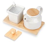 Set Latte e Zucchero,Brocca per latte in Ceramica e Zuccheriera con Coperchio e Cucchiaio,Accessori da Bar con Vassoio in Legno per Casa e Cucina,Adatto a microonde e lavastoviglie (quadrati)