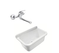 Set Lavabo IN Ghisa 55cm Lavandino Lavello Cucina Incl. Rubinetto da Parete a1