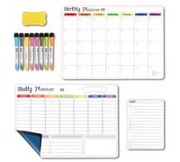 Set Lavagna Magnetica Frigo - 3 Lavagne Settimanale Cancellabili inclusi A3 Planner Settimanale & Mensile, A5 Lista attività - Calendario Magnetico Frigo con 8 Pennarelli e 1 Cancellino