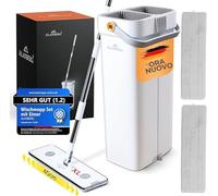 Set Lavapavimenti XL con Secchio, Sistema a 2 Scomparti, Manico Telescopico 143-181 cm, Mop Piatto Autoestrizzante da 40 cm con Raccoglipeli e 2 Panni in Microfibra, Bianco - Alanberg®