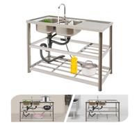 Set lavello da cucina commerciale a doppia vasca in acciaio inossidabile autoportante con scolapiatti per rubinetto con banco da lavoro e doppi ripiani Silver