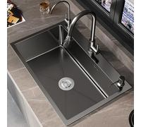 Set lavello da cucina in acciaio inox 80 x 45 cm con gocciolatoio e rubinetto estraibile, lavello moderno per la casa ed elegante design nero