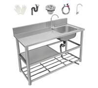 Set lavello da cucina professionale in acciaio inox a vasca singola, lavello di servizio con rubinetto caldo/freddo, banco da lavoro e ripiani, per garage e ristoranti(Right,80cm/31.5in)