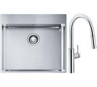 Set lavello in acciaio Franke Box 127.0369.295, rubinetto da cucina Franke Pescara L Slide-In 115.0538.940
