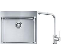 Set lavello in acciaio Franke Box 127.0369.295, rubinetto da cucina Franke Sirius Side 115.0668.280