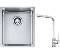 Set lavello in acciaio Franke Box 127.0453.653, rubinetto da cucina Franke Sirius Side 115.0668.280