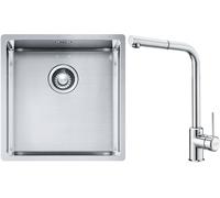 Set lavello in acciaio Franke Box 127.0453.654, rubinetto da cucina Franke Sirius Side 115.0668.280