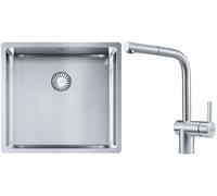 Set lavello in acciaio Franke Box 127.0453.655, rubinetto da cucina Franke Atlas 115.0521.439