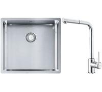 Set lavello in acciaio Franke Box 127.0453.655, rubinetto da cucina Franke Sirius Side 115.0668.280