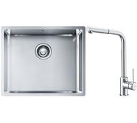 Set lavello in acciaio Franke Box 127.0453.656, rubinetto da cucina Franke Sirius Side 115.0668.280
