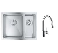 Set lavello in acciaio Grohe K700 31577SD1, rubinetto da cucina Grohe Eurosmart Cosmopolitan 31481001