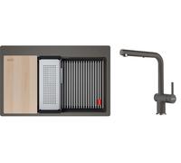 Set lavello in granito Franke Kanon 114.0749.639, rubinetto da cucina Franke Active L Pull-Out Spray 115.0721.464
