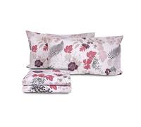 Set Lenzuola Matrimoniali In Cotone Fantasia Floreale, Made In Italy, Lenzuolo Sopra + Lenzuolo con Angoli + Coppia Federa, 100% Cotone, Malva