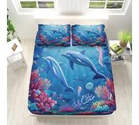 Set Lenzuola per Bambini, Lenzuolo con Angoli 120x200x30cm Modello di Delfino Corallo Oceanico Lenzuolo con Angoli Morbidi Traspirante con Tasca Profonda 30cm, Blu Biancheria da Letto con 2 Federe