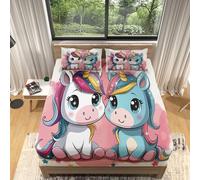 Set Lenzuola per Bambini, Lenzuolo con Angoli 90x200x30cm Unicorno Dei Cartoni Animati Lenzuolo con Angoli Morbidi Traspirante con Tasca Profonda 30cm, Rosa Biancheria da Letto con 2 Federe