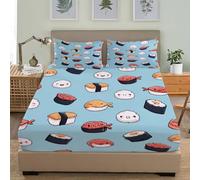 Set Lenzuolo con Angoli Matrimoniale 180x200 cm Tema Del Sushi Dei Cartoni Animati Lenzuolo Elastica Con Angoli Tasca Profonda 30cm Blu Set Di Biancheria Da Letto Microfibra Morbido