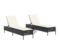 Set Lettini Prendisole con Cuscini 3pz Nero Polyrattan per Esterno, Lettino con Schienale Regolabile 5 Posizioni, Tavolino Laterale, Sedie a sdraio con Cuscino Imbottito, Giardino Piscina Terrazzo