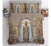 Set Letto Matrimoniale 3 Pezzi Statua Della Cascata Marrone chiaro | Copripiumino 200x200cm, 2 Federe 50×80cm, Paesaggio Zen, Tessuto Morbido, con Chiusura Lampo, Facile da Lavare
