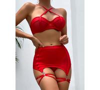 SET LINGERIE SEXY ROSSA CON GONNA E TOP CON LACCI E PORTAGIARRETTI