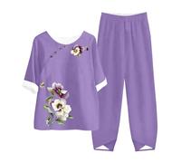 Set Lino Estivo Abbigliamento Elegante Casual Set Due Pezzi Pigiama Da Casa Casual Completa Camicia Per Anziani E Mezza Età Old Lady Top Con Maniche a Sette Punti E Donna Tuta Estiva Moda Da Spiaggia