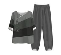 Set Lino Estivo Tuta Donna Completa Camicia per Anziani E Mezza età Old Lady Top con Maniche a Sette Punti E Completo di Pantaloni Tuta Elegante Donna Moda Stampato Curvy Casual Leggera Confortevole