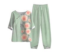 Set Lino Estivo Tuta Donna Completa Camicia per Anziani E Mezza età Old Lady Top con Maniche a Sette Punti E Completo di Pantaloni Tuta Elegante Donna Moda Stampato Curvy Casual Leggera Confortevole