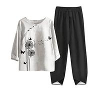 Set Lino Estivo Tuta Donna Completa Camicia per Anziani E Mezza età Old Lady Top con Maniche a Sette Punti E Completo di Pantaloni Tuta Elegante Donna Moda Stampato Curvy Casual Leggera Confortevole