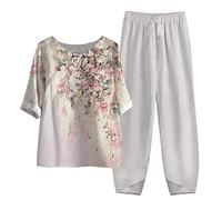 Set Lino Estivo Tuta Donna Completa Camicia per Anziani E Mezza età Old Lady Top con Maniche a Sette Punti E Completo di Pantaloni Tuta Elegante Donna Moda Stampato Curvy Casual Leggera Confortevole