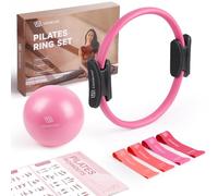 Set LIONSCOOL Pilates Ring - Magic Circle da 35.56 CM Anti-Deformazione con Manici Imbottiti, Mini Palla, Fasce di Resistenza, Guida e Borsa (Roso (Banda Elastica in Lattice))