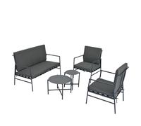 Set lounge da 4 pezzi con 2 poltrone, 1 divano a due posti, 2 tavolini rotondi, telaio in acciaio zincato e tappezzeria rimovibile e lavabile, schienale alto, cuscino con cinghie